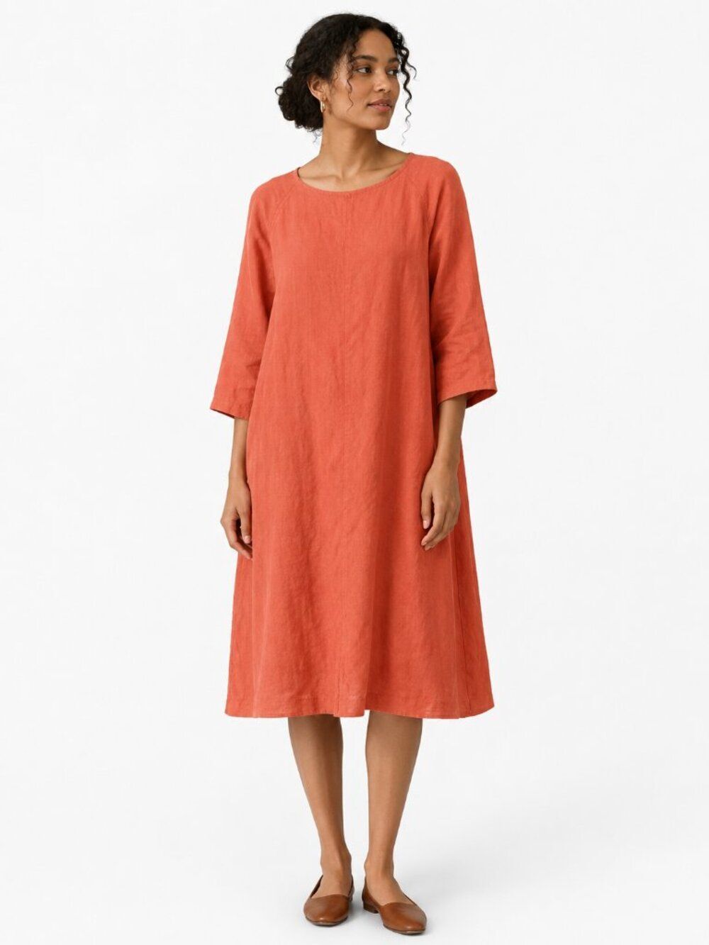 Elizabeth Suzann Rust Orange 100% Linen A-Line Midi Dress Made in USA Minimalist